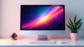 Modern desktop setup featuring a vibrant abstract digital display on a sleek computer screen with a keyboard and mouse. Generative Royalty Free Stock Photo