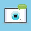 Modern device - laptop, notebook, netbook pc flat design with chat bot speak in the bubble popped on screen icon vector illustrati Royalty Free Stock Photo