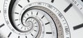 Modern diamond white clock watch clock hands twisted to surreal spiral. Abstract spiral fractal. Watch clock abstract texture patt