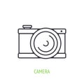 Modern digital camera outline icon. Vector illustration. Digital device with lens in retro style Royalty Free Stock Photo