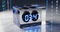 Futuristic digital clock with blue numbers and black dials on white marble surface showing time as binary code background Royalty Free Stock Photo