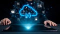 Modern digital concept of cloud computing technology with data transfer icons displayed on a tablet screen by an Royalty Free Stock Photo