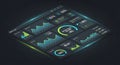 Modern digital dashboard with colorful graphs and charts on dark background Royalty Free Stock Photo
