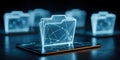 Digital file management system with glowing folders on a futuristic interface in a dark environment Royalty Free Stock Photo