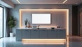 Modern digital frame mockup in sleek kitchen interior with ambient lighting Royalty Free Stock Photo