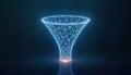 Modern digital funnel for data filtering. Abstract tech funnel represents sales funnel process. Geometric lines, points form