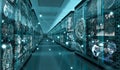 Graph holograms flying over server room data center 3D rendering Royalty Free Stock Photo