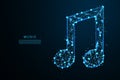 A modern digital illustration of a musical note created in a glowing blue polygonal wireframe style on a dark background Royalty Free Stock Photo