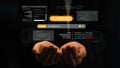 Modern digital interface showcasing hands reaching out for code generation, with floating screens displaying data and Royalty Free Stock Photo
