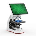 Modern Digital Microscope with Circuit Board Display on White Background Keywords: microscope, laboratory, science, technology, Royalty Free Stock Photo