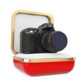 Modern Digital Photo Camera in the Red Gift Box. 3d Rendering Royalty Free Stock Photo
