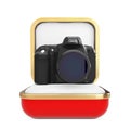 Modern Digital Photo Camera in the Red Gift Box. 3d Rendering Royalty Free Stock Photo