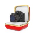 Modern Digital Photo Camera in the Red Gift Box. 3d Rendering Royalty Free Stock Photo