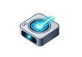 Futuristic digital projector device with glowing blue light beam for presentations and technology Royalty Free Stock Photo