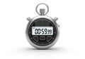 A modern digital stopwatch with a silver casing displaying 00 59 99 isolated on white background Royalty Free Stock Photo