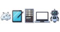 Modern digital technology composition with cloud, tablet, server rack and robot Royalty Free Stock Photo