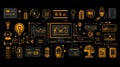 Modern Digital Technology Icons and Data Visualization Elements on Dark Background Royalty Free Stock Photo
