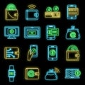 Modern digital wallet icons set vector neon
