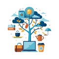 Modern digital workplace concept illustration with laptop, office elements, and tree growth Royalty Free Stock Photo