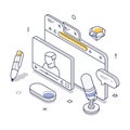 Modern digital workspace featuring isometric elements in line art style