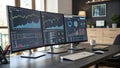 modern digital workspace featuring multiple monitors displaying data analytics and graphs. setup includes keyboard, coffee cup, Royalty Free Stock Photo