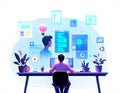 Modern Digital Workspace: A Person Working with Futuristic Interfaces and Data Visualizations Royalty Free Stock Photo