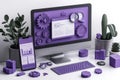 Modern digital workspace setup with computer and smartphone displaying analytics Royalty Free Stock Photo