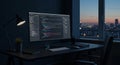 A modern, dimly-lit workspace features a large computer monitor displaying code, Royalty Free Stock Photo