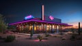 Retro Desert Diner at Twilight with Neon Lights Royalty Free Stock Photo
