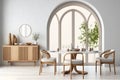 Interior design of modern dining room, marble table and wooden chairs. Wooden sideboard Home interior window - Generative AI