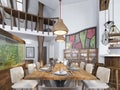 Modern dining room built into the kitchen space.