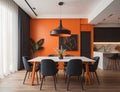 modern dining room design with orange walls, equipped with glass walls, generative ai Royalty Free Stock Photo