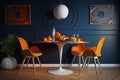 The modern dining room features a wooden round table and chairs in an interior design with dark blue and orange walls. AI Royalty Free Stock Photo