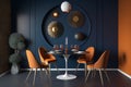 The modern dining room features a wooden round table and chairs in an interior design with dark blue and orange walls. AI Royalty Free Stock Photo