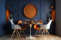 The modern dining room features a wooden round table and chairs in an interior design with dark blue and orange walls. AI Royalty Free Stock Photo