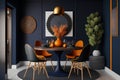 The modern dining room features a wooden round table and chairs in an interior design with dark blue and orange walls. AI Royalty Free Stock Photo