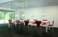 Modern dining room interior design big table behind glas Royalty Free Stock Photo