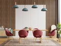 Modern dining room interior design white wall mockup with armchair and accessories in the room Royalty Free Stock Photo