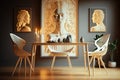 Modern dining room interior with glamor wooden table, stylish chairs and design decoration Template Home decor. Generative AI