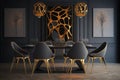 Modern dining room interior with glamor wooden table, stylish chairs and design decoration Template Home decor. Generative AI