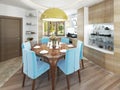 Modern dining room with kitchen in a trendy style kitsch. Royalty Free Stock Photo