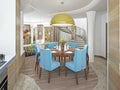 Modern dining room with kitchen in a trendy style kitsch.