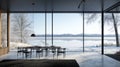 Modern Dining Room with Lake View and Minimalist Decor Royalty Free Stock Photo