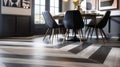 A modern dining room showcasing the versatility of LVT with a mix of black and white geometric tiles and a woodlook