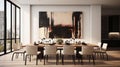 Modern dining room with a table and chairs set against a large abstract painting. AI-generated.