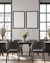 Modern Dining Room With Two Blank Frames Over A Table With Flowers By Large Windows Royalty Free Stock Photo