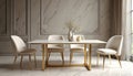 Modern dining set features marble table with gold legs and cream upholstered chairs. Elegant room setting with wall paneling and Royalty Free Stock Photo