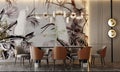 Modern dining table room design, gray wallpaper, peacock birds, plants, wooden floors, recessed lighting, ornamental plants