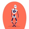 Modern discharged robot standing pose bot helper artificial intelligence concept cartoon character full length flat