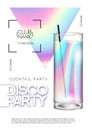 Modern disco cocktail party poster with holographic fluid background.